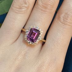 Emerald Cut Amethyst Purple Halo Engagement Ring - Black Diamonds New York Sapphire Engagement Ring Emerald Cut, Couples Ring, Amethyst Ring Engagement, Diamond Collection, Emerald Engagement Ring Cut, Amethyst Purple, Bridal Ring Set, Emerald Engagement Ring, Ring Promise