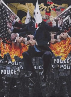 a group of people in suits and masks sitting on fire with american flags behind them