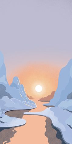 the sun is setting over an icy river