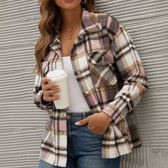 Winter Plaid Shirt Jacket for Women Checkered Jacket Coat Casual Long Sleeve Thick Overshirt Outerwear Casual Collar Plaid Cotton Outerwear, Casual Collar Plaid Outerwear With Pockets, Plaid Outerwear With Casual Collar And Pockets, Plaid Cotton Outerwear With Casual Collar, Casual Plaid Outerwear With Casual Collar, Single Breasted Casual Collar Outerwear For Fall, Plaid Cotton Long Sleeve Outerwear, Fall Single-breasted Casual Collar Outerwear, Fall Single-breasted Outerwear With Casual Collar