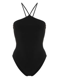 black stretch-design halterneck sleeveless rear criss-cross straps full lining slip-on style Be mindful to try on swimwear over your own garments. Versace Designer, Backless Swimsuit, Halter Neck Swimsuit, Black Halter Top, Pinterest Ideas, Swimsuit Black, Black One Piece Swimsuit, Versace Outfit, Costume Intero