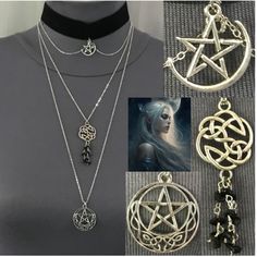 Love To Layer Your Pagan, Celtic, And Wiccan Necklaces? Get That Layered Look, All In One Convenient Piece, With This Handmade 3-Layered Necklace That Has It All! The Top Layer Of This Necklace Features A Silver Pentagram Over A Crescent Moon Charm With Draping Silver Chains Hanging From A 1-Inch Thick Black Velvet Choker. The Second Layer Consists Of A Celtic Knot Dreamcatcher Pendant With Dangling Black Spinel Nugget Chips On A Silver Chain. The Third Layer Has A Encircled Pentacle Pendant Tha Gothic Jewelry Diy, Celtic Moon, Dreamcatcher Pendant, Pagan Necklace, Wiccan Necklace, Velvet Choker Necklaces, Black Velvet Choker, Wiccan Jewelry, Witch Magic