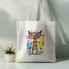 Brighten your day with our "Playful Scribble Cat Satin Tote Bag." This vibrant and playful tote bag features a lively, hand-drawn abstract cat in bold, eye-catching colors. The unique design adds a touch of modern art and whimsy to any outfit, making it perfect for everyday use. * Material: 100% polyester, luxury satin white, making it strong and durable for everyday use. * Size: Measures 38cm W x 40cm H, 75cm H with handle, offering ample space for your essentials. * Handles: Long handles for o Playful Multicolor Cartoon Print Bag, Playful Multicolor Bags With Cat Design, Casual Multicolor Shoulder Bag With Cat Design, Casual Multicolor Cat Design Shoulder Bag, Multicolor Cat Print Bags For Daily Use, Multicolor Cat Design Bags For Daily Use, Multicolor Rectangular Bag With Cat Print, Multicolor Rectangular Bags With Cat Print, Rectangular Multicolor Bags With Cat Print