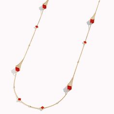 18 Karat Gold Luxe Long Chain Full Diamond Necklace Diamonds trace this striking necklace with enriching color to create incandescent clarity for an elevated look. Cleo by Marli draws inspiration from Cleopatra, evoking her strength and power capturing enriching color and daring design. Elegant Red Jewelry With Chain Detail, Elegant Red Chain Jewelry, Chain Diamond, Wrist Wrap, Hinged Bracelet, Red Agate, Ring Size Guide, Long Chain, Red Coral