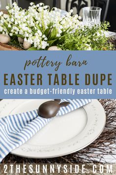 an easter table setting with white flowers and blue striped napkins on the placemat