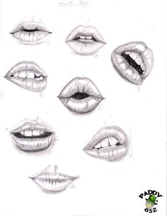 the different lips are drawn in pencil on paper, and each has their own image