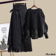 Olivia Mark - Elegant Half-Sleeve Blouse Set Suits Korean, Asymmetric Skirt, 2 Piece Suit, Mode Boho, Party Suits, Elegant Casual, Knitted Tops, Fashion 2024, Long Sleeves Coats