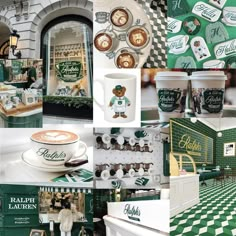 the collage shows coffee cups, plates, and other items in green and white