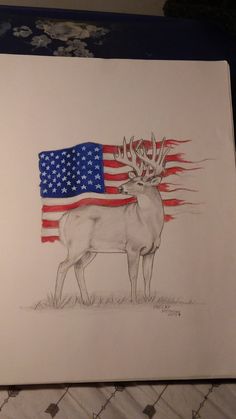 a drawing of a deer with an american flag on it's back and antlers in the background