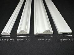 three different types of white aluminum profiles on a black surface with measurements for the length and width