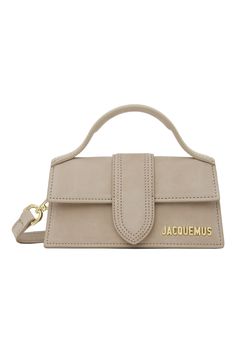 Jacquemus: Beige Le Papier 'Le Bambino' Clutch | SSENSE Dark Beige, Metal Logo, Nubuck Leather, Handle Bag, Metallic Logo, Brunei, Haiti, Leather Top, Myanmar