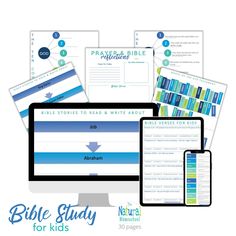 the bible study for kids is displayed on a computer, tablet and mobile phone with other items