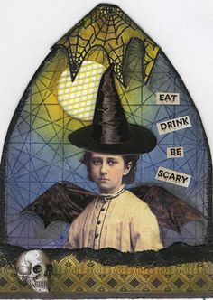 a stained glass window with an image of a boy wearing a witch's hat