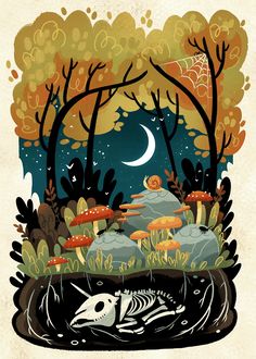 an illustration of a skeleton in the middle of a forest filled with trees and mushrooms