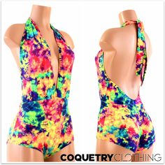 "This item is made to order, please read all the way through the listing before purchasing! This bodysuit is made of super bright neon acid splash print spandex! This fabric is beautifully soft, breathable, very durable, and crazy stretchy. Deep V neckline and tie back halter top. Four way stretch for a figure forming fit. This bodysuit is unlined. Womens Sizing (See below for instructions on where measurements should be taken) XXS: Bust 29\"-30\" / Waist 22\"-23\" / Hips 30\"-32\" Extra Small: Rave Style Multicolor Bodysuit For Club, Rave Multicolor Bodysuit For Club, Summer Festival Rave Leotard, Summer Rave Festival Leotard, Summer Festival Rave Style Leotard, Multicolor Bodysuit For Summer Music Festival, Olive Branch, Festival Outfits, Playsuit