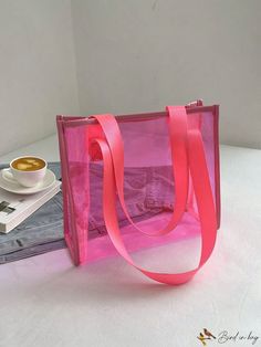 BirdinBag - Neon-Pink Shoulder Tote Bag with Clear Contrast Binding - A Funky Fashion Statement Plaid Bag, Pink Pattern, Funky Fashion, Word Wrap, Shoulder Tote Bag, Shopper Bag, Shoulder Tote, Womens Tote Bags, Neon Pink