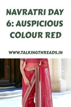 Navratri Day 6 theme with a woman in a red traditional outfit.