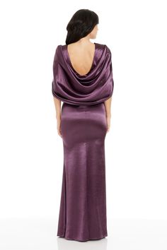 Channel your inner elegance with the Adina Dress in Midnight Plum by Dress The Population. The mermaid silhouette hugs and flatters your curves, while the drape sleeves add a romantic touch. Featuring a low back, this gown exudes confidence and sophistication, making it perfect for weddings and formal events. Details: Mermaid silhouette Drape sleeves Low back DDRK67-W009 Materials: 100% Polyester Care: Hand wash cold inside out Lay flat to dry Low iron inside out Do not dry clean Pre-draped Maxi Dress With Cowl Back For Gala, Formal Pre-draped Maxi Dress With Cowl Back, Fitted Bias Cut Pre-draped Evening Dress, Evening Dress With Draped Sleeves For Gala, Pre-draped Evening Dress With Cowl Back For Party, Satin Evening Dress With Mermaid Hem, Glamorous Fitted Dress With Cowl Back, Elegant Fitted Evening Dress With Ruched Back, Pre-draped Evening Dress With Cowl Back