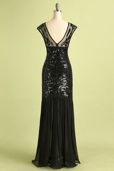 Retro Black 1920s Sequined Floor Length Flapper Party Formal Wear Dress – ZAPAKA Fitted Sequin Flapper Dress For Banquet, 1920s Fitted Sequin Dress, Fitted V-neck Flapper Evening Dress, 1920s Style Fitted Flapper Evening Dress, Fitted Flapper Dress With Sequins And V-neck, Elegant Fitted Floor-length Flapper Dress, 1920s Style Fitted Party Dress, Art Deco Fitted Sequin Dress, Fitted V-neck Flapper Dress With Sequins