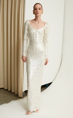 Circe Paillette-Sequined Maxi Dress By The New Arrivals Ilkyaz Ozel | Moda Operandi Retro Glamour, Sleeve Gown, Modesty Fashion, Long Sleeve Gown, Elegant Dresses For Women, Gowns With Sleeves, Reception Dress, Formal Style, Flowy Skirt