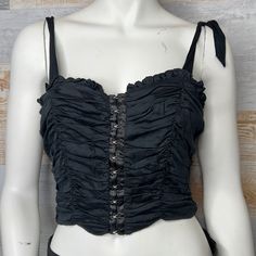 Urban Outfitters Cropped Blouse Black Size Medium Brand New Without Tags. Never Worn. Excellent Condition, No Flaws Beautiful Top With Stretch In The Back, Ties At Strap, And Featuring Hook And Eye In The Front. 97% Viscose 3% Elastane Bust 35” Length 16” Black Fitted Crop Top For Summer, Fitted Black Crop Top For Summer, Black Gothic Tank Top For Spring, Black Ruffled Crop Top, Fitted Black Padded Crop Top, Gothic Black Tank Top For Party, Black Gothic Blouse For Spring, Gothic Black Blouse For Spring, Gothic Cropped Top For Party