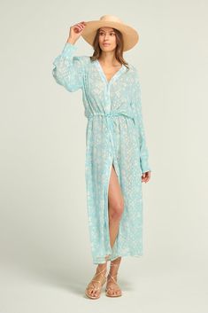 Elegant Spring Kaftan For Beach Cover-up, Long Sleeve Beach Cover-up Dress, Chic One-piece Dress For Beach Cover-up, Sheer Long Sleeve Beachwear Dresses, Long Sleeve Sheer Beachwear Dress, Long Sleeve Beach Dress For Party, Chic Long Beach Dress For Party, Gold Kaftan For Summer Vacation, Spring One-piece Beach Cover-up