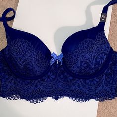 Nwt Body By Victoria Lined Demi, Size 32 B Which Also Fits A 34a Navy Blue Lace With Coordinating Lighter Blue Bow 4 Width Options For Rear Closure, Each With 3 Sturdy Hook And Eye Fasteners 2nd Photo Shows Fit On Model With Same Style, This Bra Is Blue, As Pictured In All Other Photos Elegant Fitted Blue Bra, Victoria's Secret Blue Underwire Bra, Elegant Blue Lace Bra, Blue Lace Push-up Bra, Green Bras, Strappy Bralette, Vs Bras, Victoria Secret Body, Demi Bra