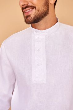 Fácil Blanco | Alym-Shirt-White-Linen Traditional White Linen Shirt, Casual White Linen Kurta, White Casual Kurta With Relaxed Fit, Casual White Kurta With Relaxed Fit, White Casual Relaxed Fit Kurta, White Fitted Linen Kurta, White Linen Fitted Kurta, Casual Linen Kurta With Relaxed Fit, Casual Linen Kurta For Summer