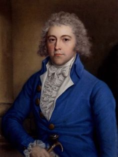 a painting of a man with white hair wearing a blue coat and holding a cane