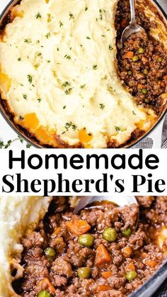 homemade shepherd's pie with mashed potatoes and peas in a casserole dish