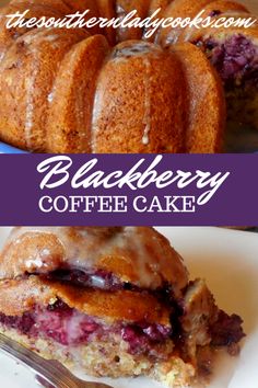 blueberry coffee cake is cut in half and on a plate with a fork next to it