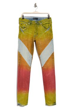 Vibrant diagonal stripes make their mark on these jeans cut in a skinny fit from stretchy cotton denim with a low-rise profile. 33" inseam; 6" leg opening; 10 1/4" front rise Zip fly with button closure Five-pocket style 98% cotton, 2% Lycra® spandex Machine wash, dry flat Imported Asian & Pacific Islander Owned/Founded Pacific Islander, Concert Looks, Versace Sunglasses, Flip Flop Slippers, Diagonal Stripes, Sweaters And Leggings, Comfortable Sandals, Baby Size