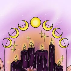 three candles are lit in front of the moon and crescents with flowers on them