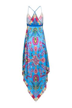 Look vacation-ready with this blue and multi-color printed maxi dress from Etro! Made of luxurious silk, this breezy tunic dress will ensure you always slay the beach scene, just throw on some shades and a tote bag and you'll be ready to roll! What a stylish way to soak up the sun! One Size Made in Italy 100% Silk Unlined Sleeveless V-neckline Ribbon waist tie Minor run on front left Bust 56" Waist 96" Shoulder to hem 55" Printed Sundress For Poolside, Sleeveless Printed Maxi Dress Beach Cover-up, Light Blue V-neck Maxi Dress For Beach, Chic Multicolor Maxi Dress For Beach Cover-up, Multicolor V-neck Maxi Dress For Beach, Bohemian Sleeveless Beach Dress With Tropical Print, Turquoise V-neck Maxi Dress For Vacation, Printed Floor-length Maxi Dress For Festivals, Blue V-neck Maxi Dress For Beach Party