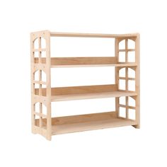 a wooden shelf with four shelves on each side