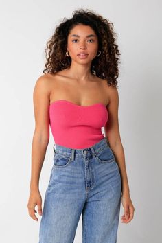 Pink Strapless Sweater Top Trendy Stretch Tube Top For Spring, Trendy Strapless Tube Top For Fall, Trendy Ribbed Tube Top For Spring, Trendy Fitted Tube Top For Fall, Trendy Fitted Tube Top For Spring, Trendy Ribbed Tube Top For Summer, Spring High Waist Stretch Tube Top, High Waist Stretch Tube Top For Spring, Trendy Seamless Tube Top For Spring