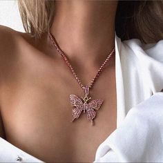 New Bling Crystal Butterfly Pendant Necklace For Women Rock Fashion Four Colors Animal Rhinestone Party Jewelry Gift Women Choker Necklace, Crystal Butterfly, Butterfly Pendant Necklace, Neck Jewellery, Rose Gold Pendant, Pink Necklace, Neck Chain, Necklace Fashion, Butterfly Necklace