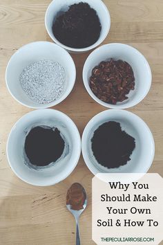 four bowls filled with different types of soil and spoons on top of a wooden table