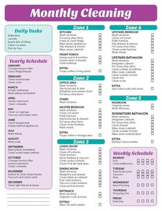 the printable cleaning checklist is shown in purple and blue, with green accents