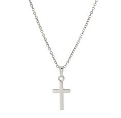 A child-size plain polished sterling silver cross pendant and cable chain necklace. Cross pendant: 21 x 9mm Chain length: 15" Elegant Nickel-free Cross Pendant Necklace, Nickel-free Silver Cross Necklace, Antique Silver Nickel-free Cross Pendant Necklace, Nickel-free Stainless Steel Cross Pendant Necklace, Nickel-free Sterling Silver Cross Pendant, Engraving Fonts, Necklace Cross, Cable Chain Necklace, Script Monogram