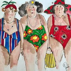 three women in bathing suits and hats are standing next to each other