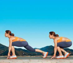 a woman doing squats on one leg with mountains in the background