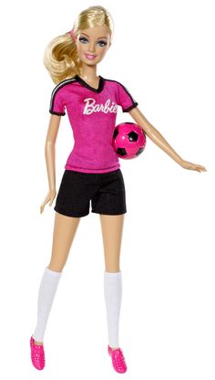 a barbie doll is holding a soccer ball