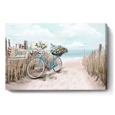 a painting of a blue bicycle with flowers on the front and beach in the back