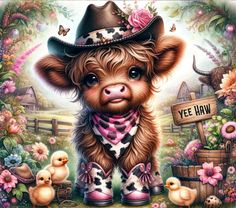 a painting of a baby cow wearing boots and a cowboy hat