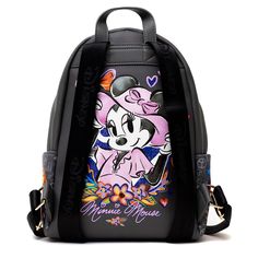 WondaPop does high fashion! Make a real fashion statement with our newest Designer Series fashion backpacks. All black pebble-grain, vegan leather creates a new twelve inch silhouette with images of your favorite characters that pop. Featuring Disney's Minnie Mouse winking at everyone from the front pocket and showing her impeccable fashion sense on the back. The bag is accented by a beautiful gold colored zipper and Disney pull. The adjustable Disney embossed fabric straps are perfect for putti Minnie Mouse Backpack For Daily Use, Disney Style Backpack For School, Disney-styled Black Standard Backpack, Black Minnie Mouse Standard Backpack, Black Minnie Mouse Bag For Back To School, Disney Leather Backpack For School, Disney Leather School Backpack, Back To School Minnie Mouse Black Backpack, Trendy Black Minnie Mouse Bag