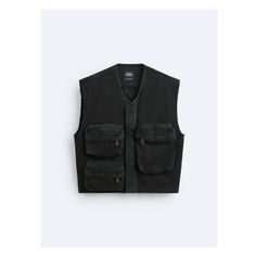 Boxy fit vest. Round neckline and sleeveless design. Multi-functional pockets with zip closure at front. Washed effect. Front hidden button closure. Black Casual Vest With Cargo Pockets, Casual Black Vest With Cargo Pockets, Utility Denim Vest With Pockets For Work, Casual Denim Vest With Pockets For Workwear, Sleeveless Denim Vest With Pockets For Streetwear, Utility Sleeveless Tops With Pockets, Washed Black Tops With Pockets For Work, Casual Workwear Vest With Cargo Pockets, Sleeveless Utility Top With Pockets