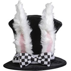 a black hat with white feathers and a checkered bow tie on the top of it