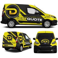 a yellow and black van is shown with the words penqute on it's side