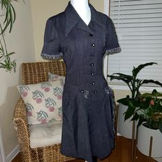 Authentic Vintage Chanel Denim Dress Size 38 Check Out The Measurements On Pics Send Me Your Reasonable Offer, Do Not Lowball :) Elegant Buttoned Cotton Denim Dress, Elegant Buttoned Denim Dress, Elegant Cotton Denim Dress With Buttons, Elegant Knee-length Denim Dress With Buttons, Elegant Denim Blue Dress With Pockets, Elegant Denim Blue Dresses With Pockets, Elegant Short Sleeve Denim Workwear Dress, Elegant Short Sleeve Denim Dress For Work, Denim Blue Fitted Knee-length Dress